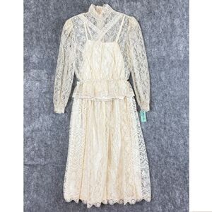Wedding Ivory Lace Blouse Skirt Set Fit S(2/4) Victorian Gunne Sax Style Notches